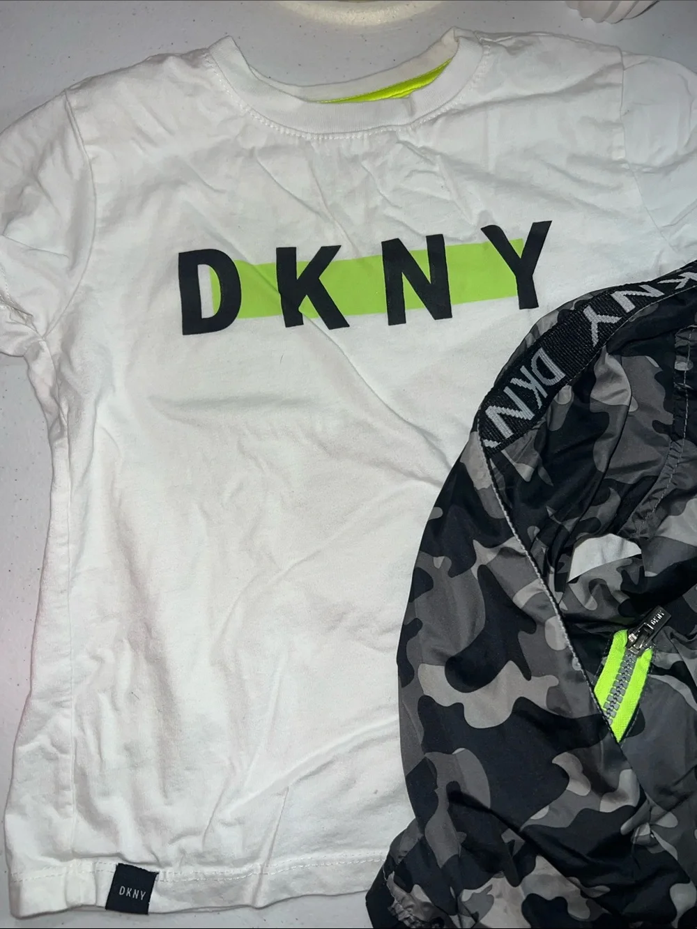 DKNY Kids White Logo Tee & Black/Grey Camo DKNY Windbreaker Jacket Set Neon Acce